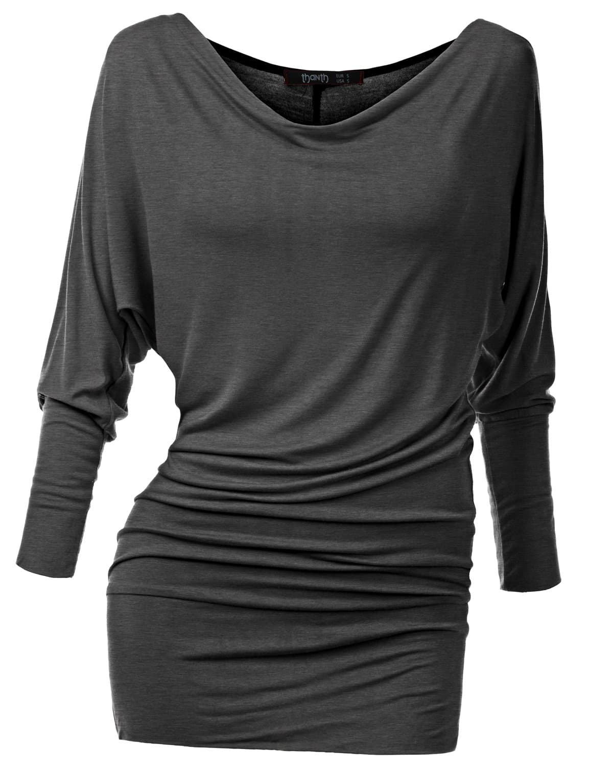 TWINTH Plus Size Loose Top Cowl Neck Chic Long Sleeve Charcoal S