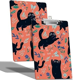 A4 Size Clipboard with Hanging Hook and Low Profile Clip, Plastic Nurse Clipboard Writing Drawing Board with Double-Sided Black Cat Flowers Print for Woman Kids Office School Use