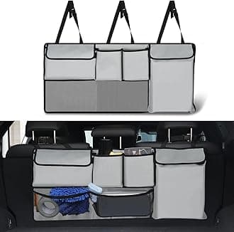 Trunk Hanging Organizer, Backseat Storage Bag, Collapsible Car Interior Accessories with 4 Pockets & 2 Mesh Pouches for Tools, Provide More Storage Trunk Space for SUV, Jeep, MPVs (Light Grey)