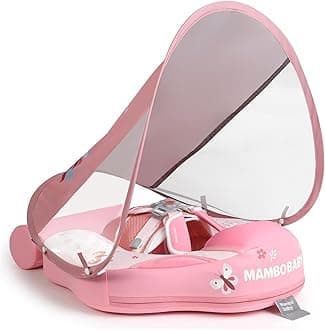 Mambobaby Newest Non Inflatable Baby Float Size Improved Add Tail Avoid Flip Over Swim Trainer Solid Infant Pool Float with Canopy UPF 50+ Swim Ring