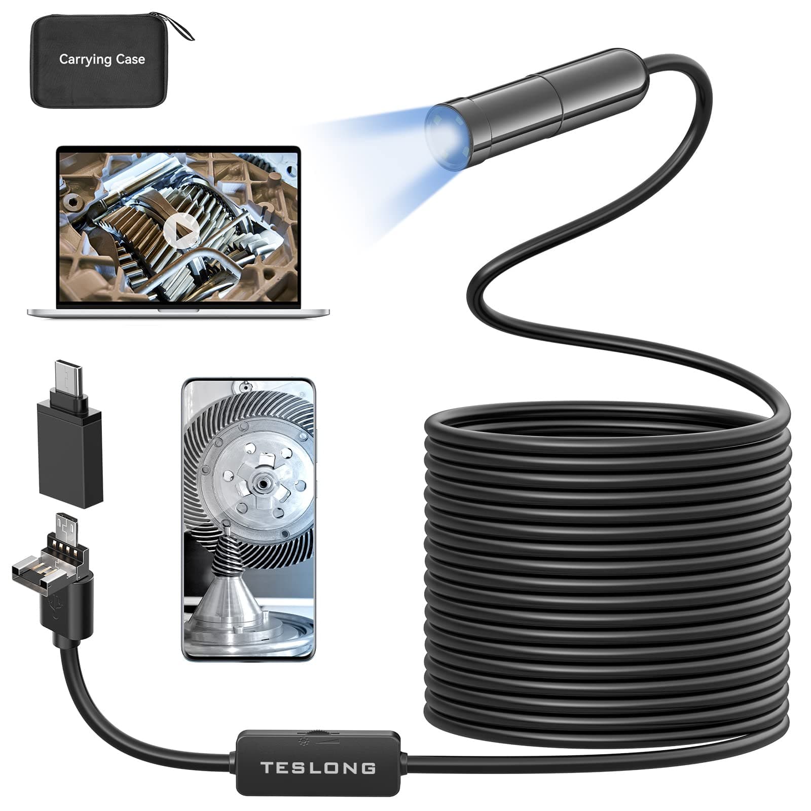Teslong Auto Focus Endoscope 5 Megapixels HD Multifunction Household Inspection Camera with Semi-Rigid Cable, Waterproof Borescope, Soldering (5 m/16ft)