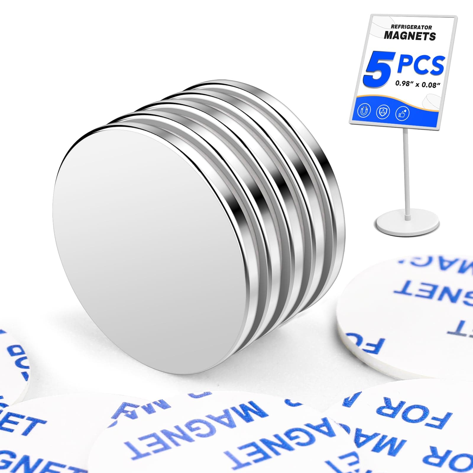 LOVIMAG Neodymium Disc Magnets - 5 Pack Small Strong Heavy Duty Magnets, Adhesive for Fridge, Craft, Whiteboard, Office, Scientific & DIY - 0.98 in x 0.08 in