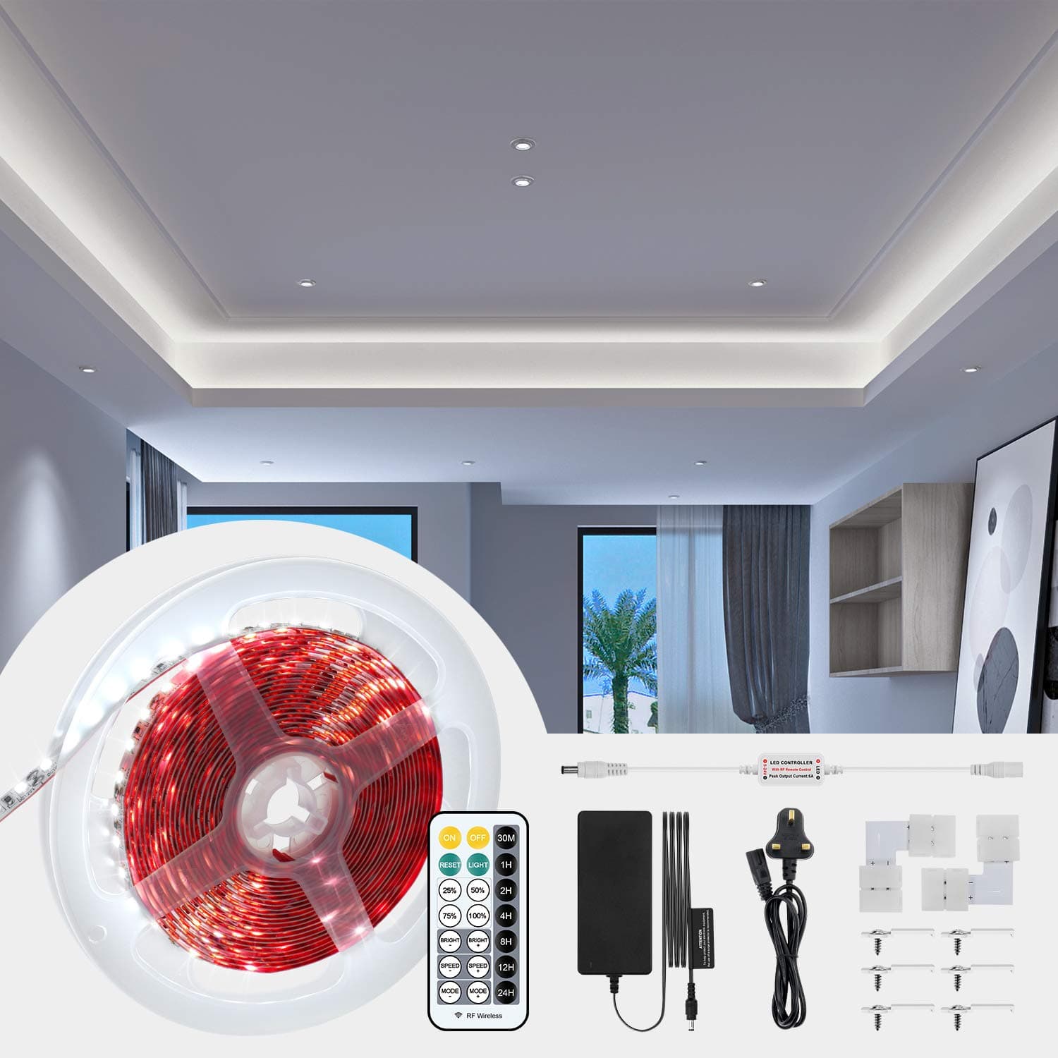 Chesbung LED Strip Lights, Daylight White LED Light Strip 6500K, 600 LED SEM 2835 Strip Light Kit, 12V Under Cabinet Lighting Strips, LED Ribbon, Non-waterproof Tape, Kitchen Lighting (Daylight White)