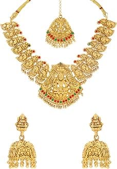 Yellow Chimes Jewellery Set for Women Gold Plated Traditional Temple Jewellery Set Antique Necklace Set with Earrings and Maangtikka for Women and Girls