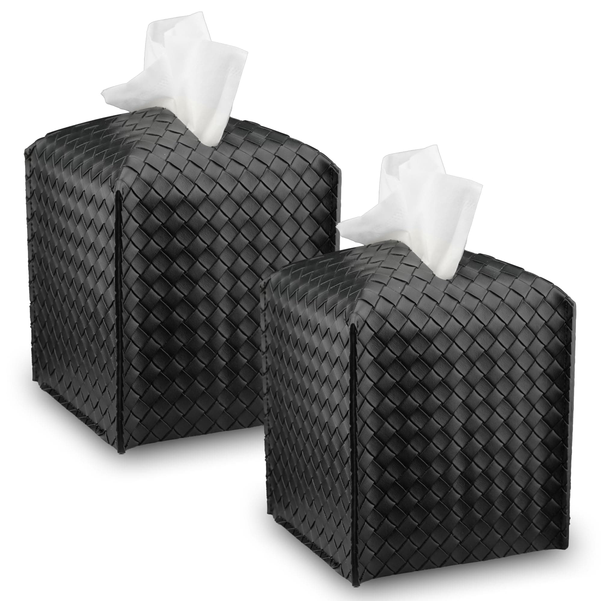 Premium PU Leather Tissue Box Holder–Modern Cover for Home, Office, Car–Stylish Cube Organizer for Standard Kleenex Tissues – Durable, Easy Refill, Woven Design (Black 2 Pack)
