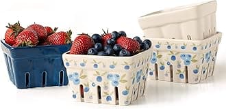 BIEN BEAU Farmhouse Ceramic Berry Basket, Colander, Farmers Market square Bowl. Rustic Kitchen decor fruit, Fruit Baskets, Bleu White and Blueberry pattern Stoneware Harvest Bowls Set of 4 …