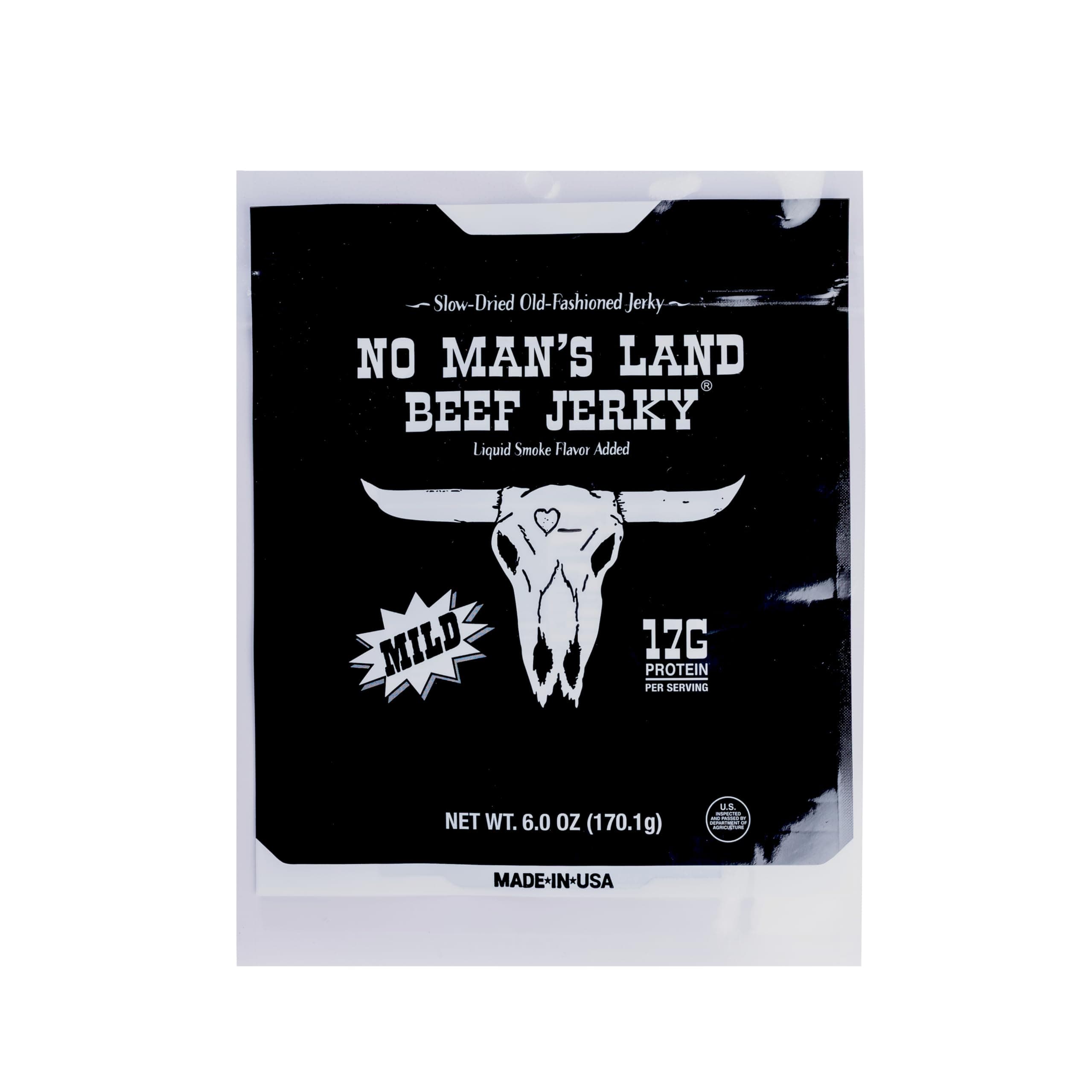 No Mans Land High Protein Beef Jerky | 17G Protein, Low Carb, Low Calorie Beef Snack | Slow-Dried, Smoked & Seasoned Jerky Strips | MILD 6oz Bag