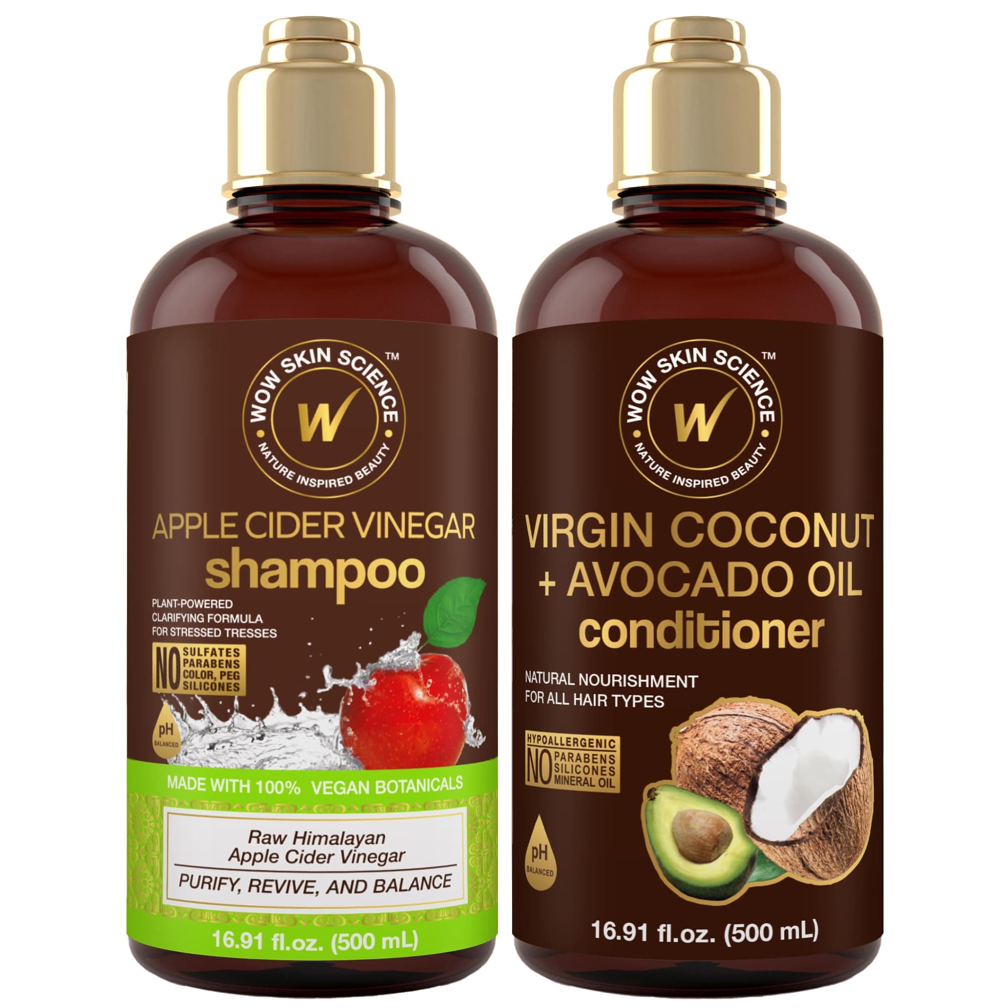 WOW Skin Science Apple Cider Vinegar Shampoo & Conditioner Set With Coconut & Avocado Oil - Gentle Set - Hair Growth Shampoo For Thinning Hair & Loss (Brown, 16.9 Fl Oz (Pack Of 2))