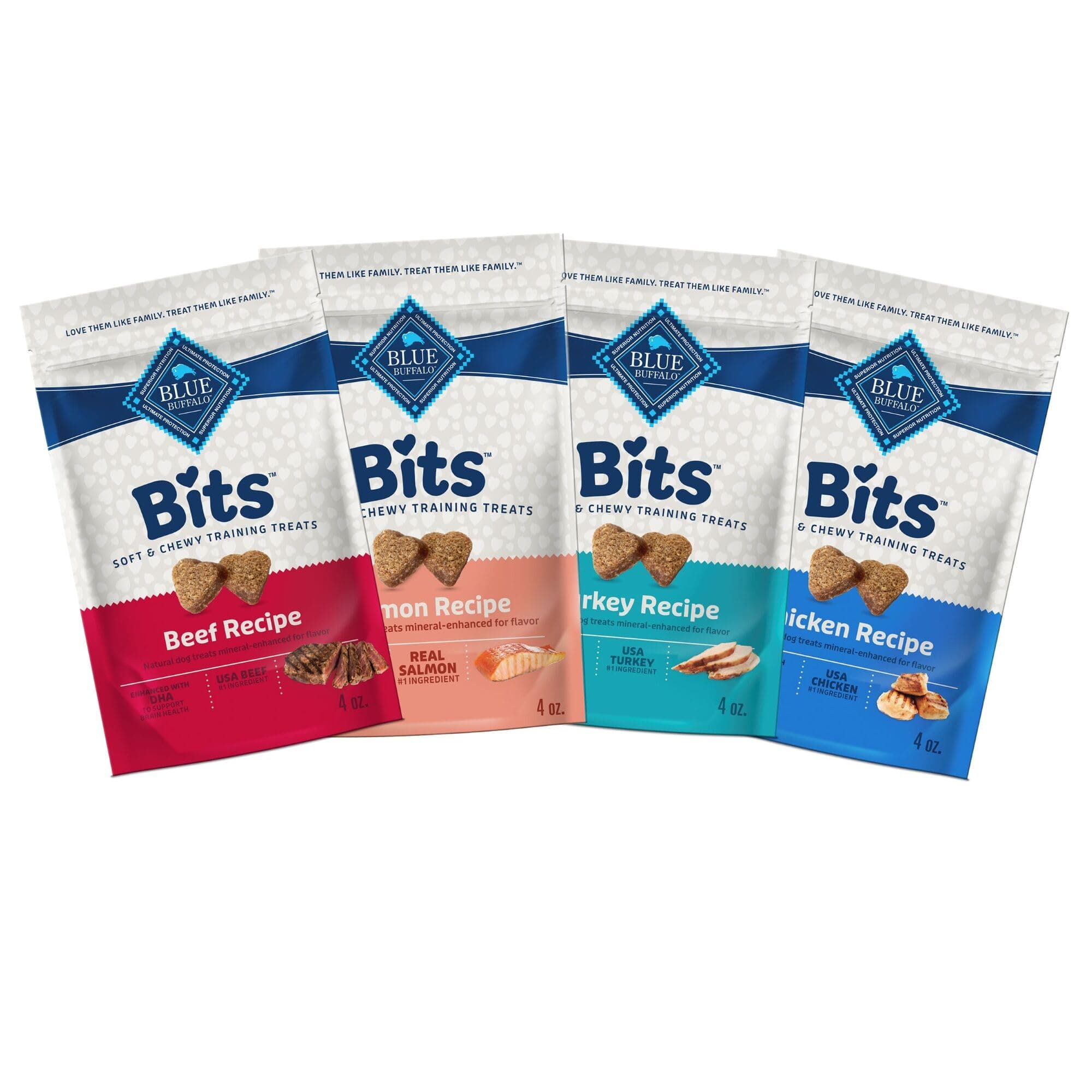 Bits Soft Dog Treats for Training, Made with Natural Ingredients & Enhanced with DHA, Beef, Salmon, Turkey, & Chicken 4-oz Variety Pack, 4 ct