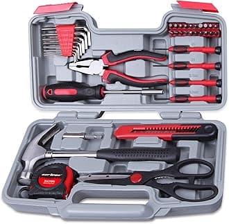39-Piece Home Tool Set Kit, Essential Household Hand Tools with Plastic Storage Case Red