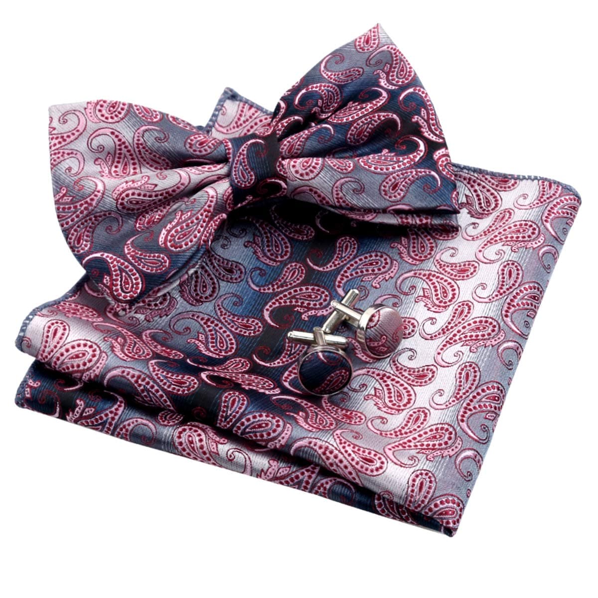 Alizeal Men Gradient Mini Paisley Bow Tie+Hanky+Cufflink Set, Pink