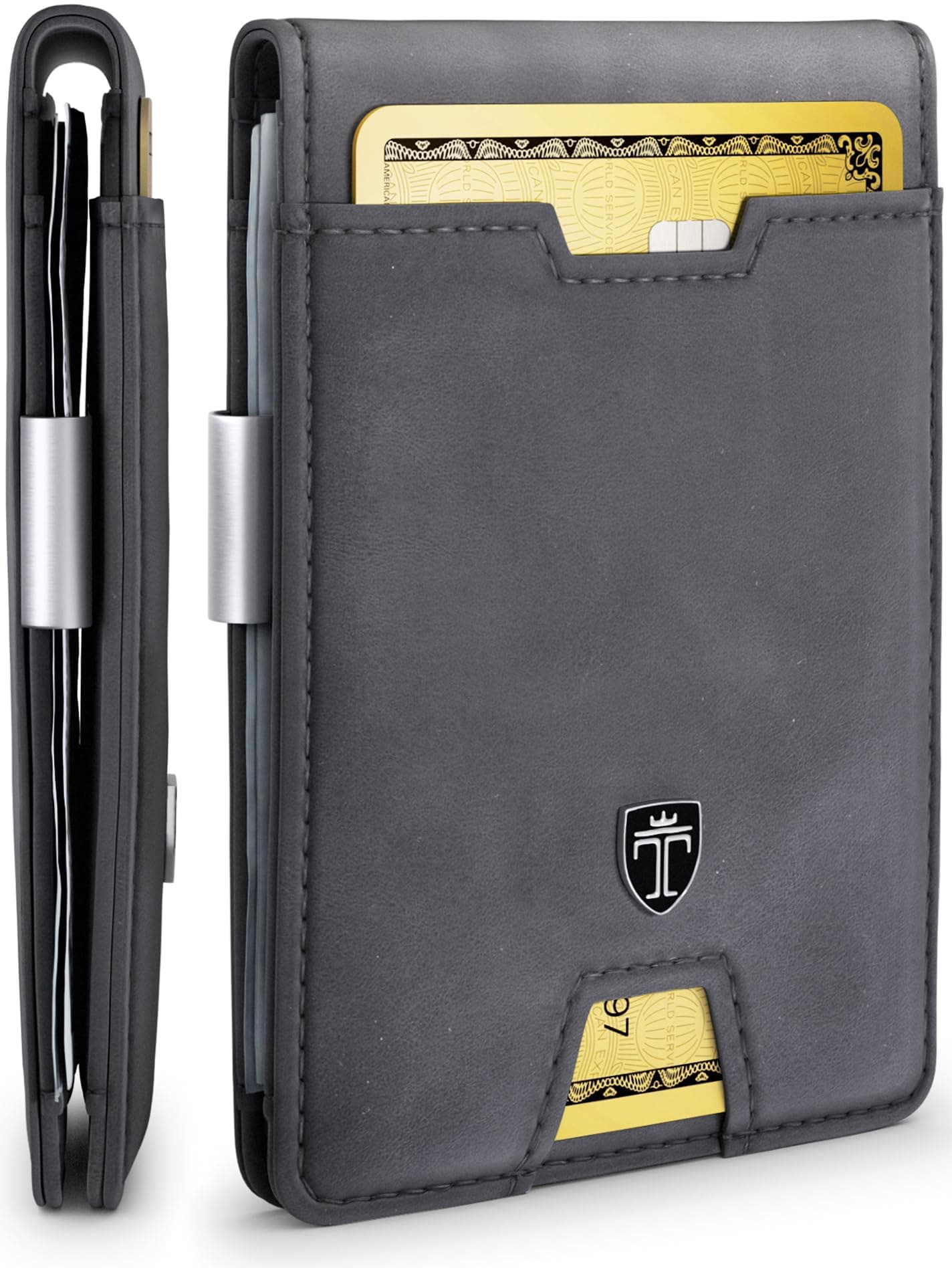 Slim Wallet with Money Clip AUSTIN RFID Blocking Card Mini Bifold Men (Uni-Color, Grey)