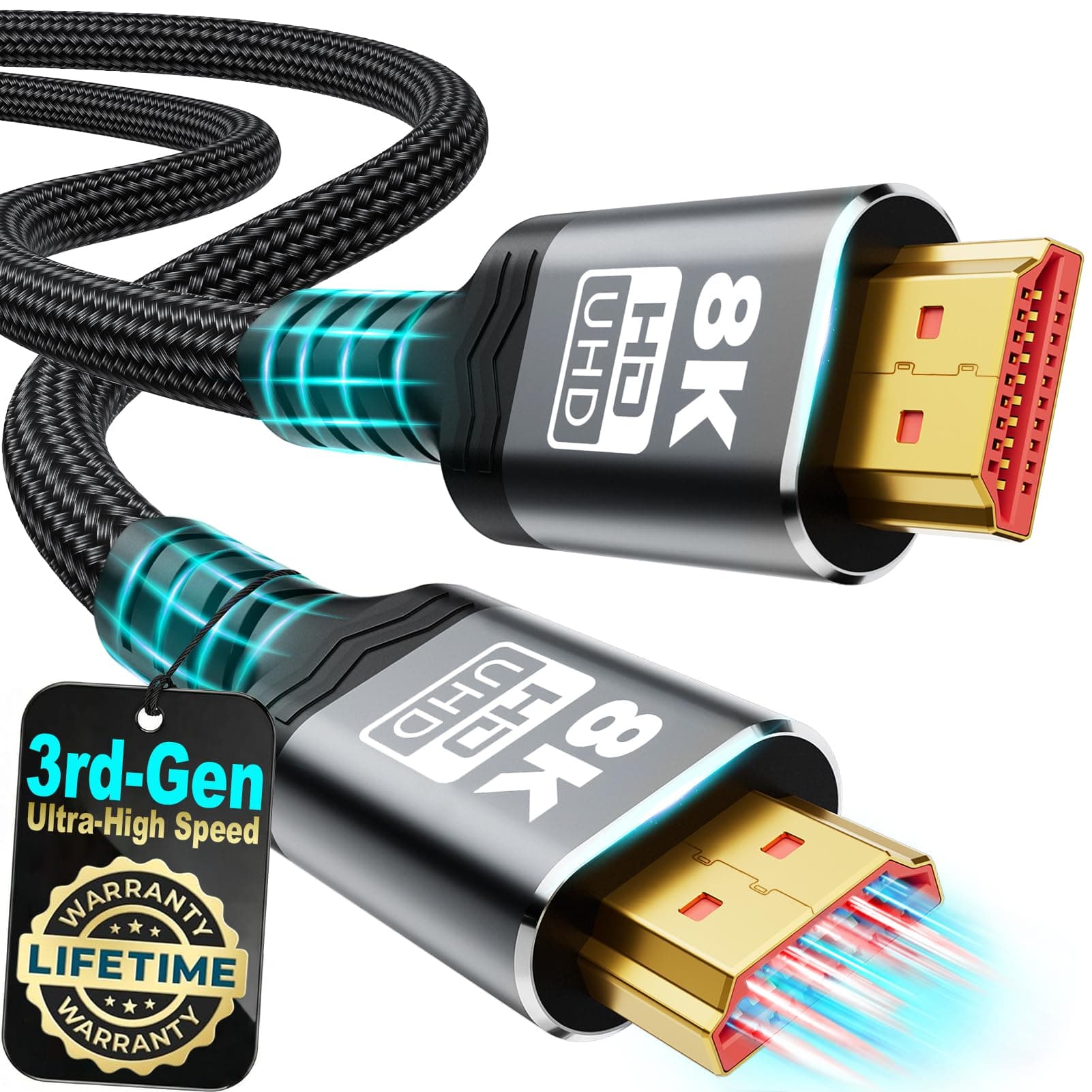 8K HDMI 2.1 Cable 6.6Ft, Gold-Plated Ultra High Speed Military Grade Nylon Braided HDMI Cord (8K@60Hz 7680x4320, 4K@120Hz) Supports Dynamic HDR 10, eARC, 3D, Dolby Atmos, Compatible with Roku TV, PS5