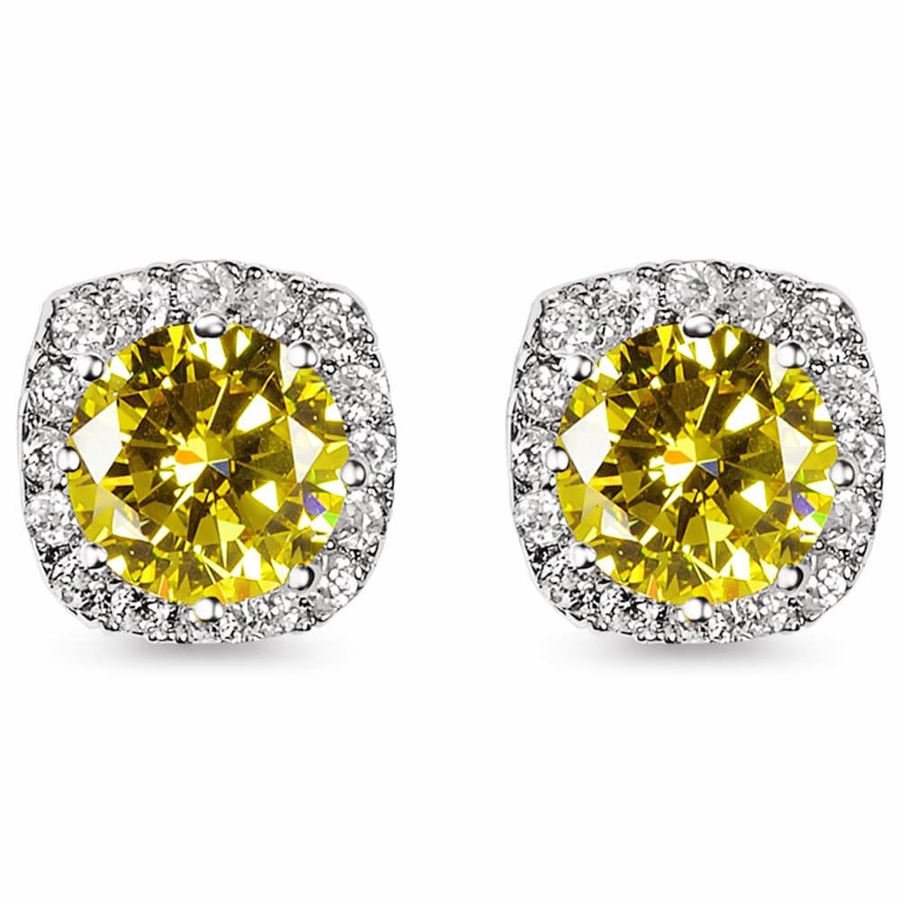 18K White Gold Plated Round-Cut CZ Sterling Silver 10mm Cushion Diamond Engagement Stud Earrings Yellow