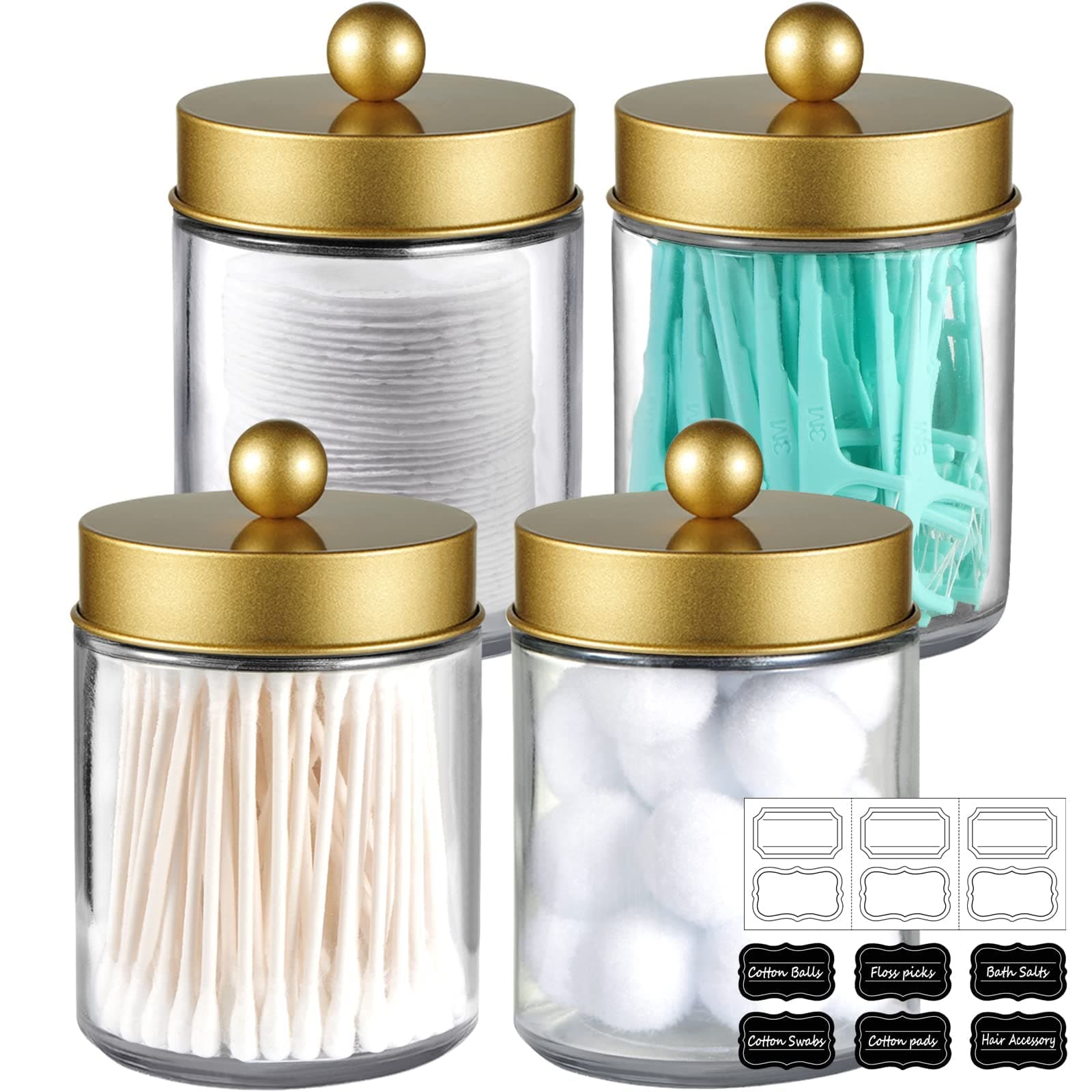 Amolliar 4 Pack Apothecary Jars Bathroom Vanity Storage Organizer Set -Countertop Canister with Stainless Steel Lids &Cute Stickers - Qtip Dispenser Holder for Qtips,Cotton Swabs,Makeup Sponges(Gold)