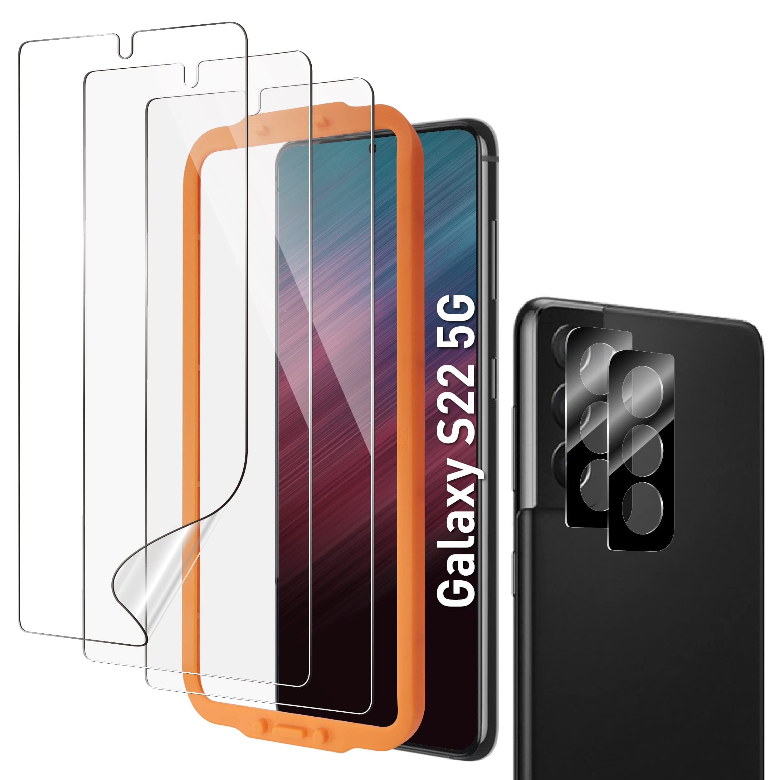 AACL 3-Pack for Samsung Galaxy S22 Screen Protector Hybrid Film, with 2 Pack Camera Lens Protector for S22 Screen Protector [Fingerprint Unlock][Anti-Scratch] [7H]
