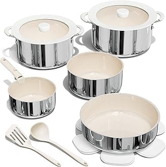 CAROTE14pcs Pots and Pans Set Non Stick, Ceramic/Stainless Steel Cookware Set with Detachable Handle, Induction Cooking Sets, Dishwasher/Oven Safe, RV Kitchen, Cream WhiteRecycled Claim Standard Blended