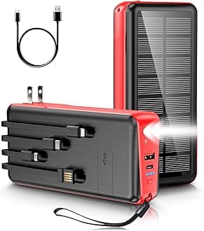 Portable Charger with Built in Cable and Wall Plug 30000mAh 22.5W Fast Charging Solar Power Bank with 5 Output & 2 Input Dual LED Flashlights Phone Holder External Battery Pack (Red)