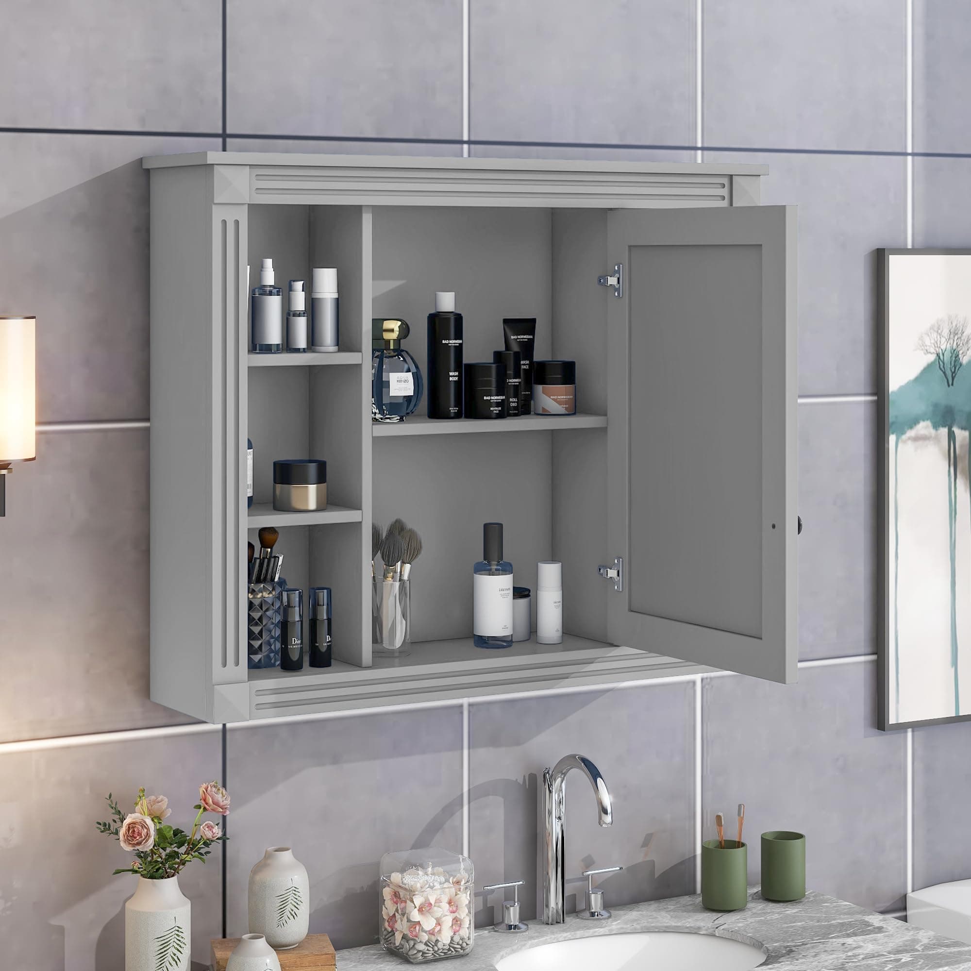 LZ LEISURE ZONE 35'' x 28'' Wall Mounted Bathroom Storage Cabinet, Modern Bathroom Wall Cabinet with Mirror, Mirror Cabinet with 6 Open Shelves, Gray