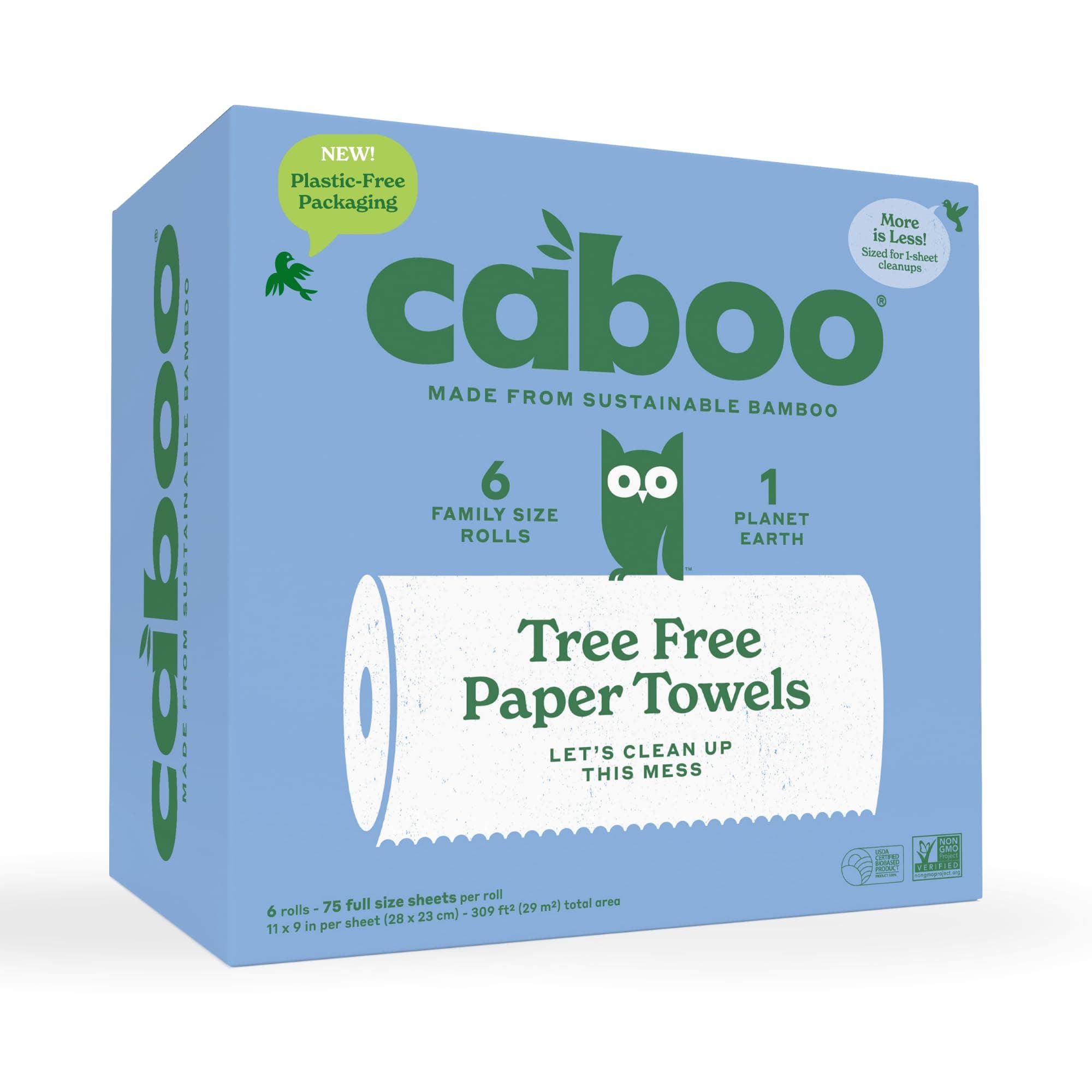 Caboo Tree Free Bamboo Paper Towels, 6 Rolls, Earth Friendly Biodegradable Kitchen Paper Towels with Strong 2 Ply Sheets