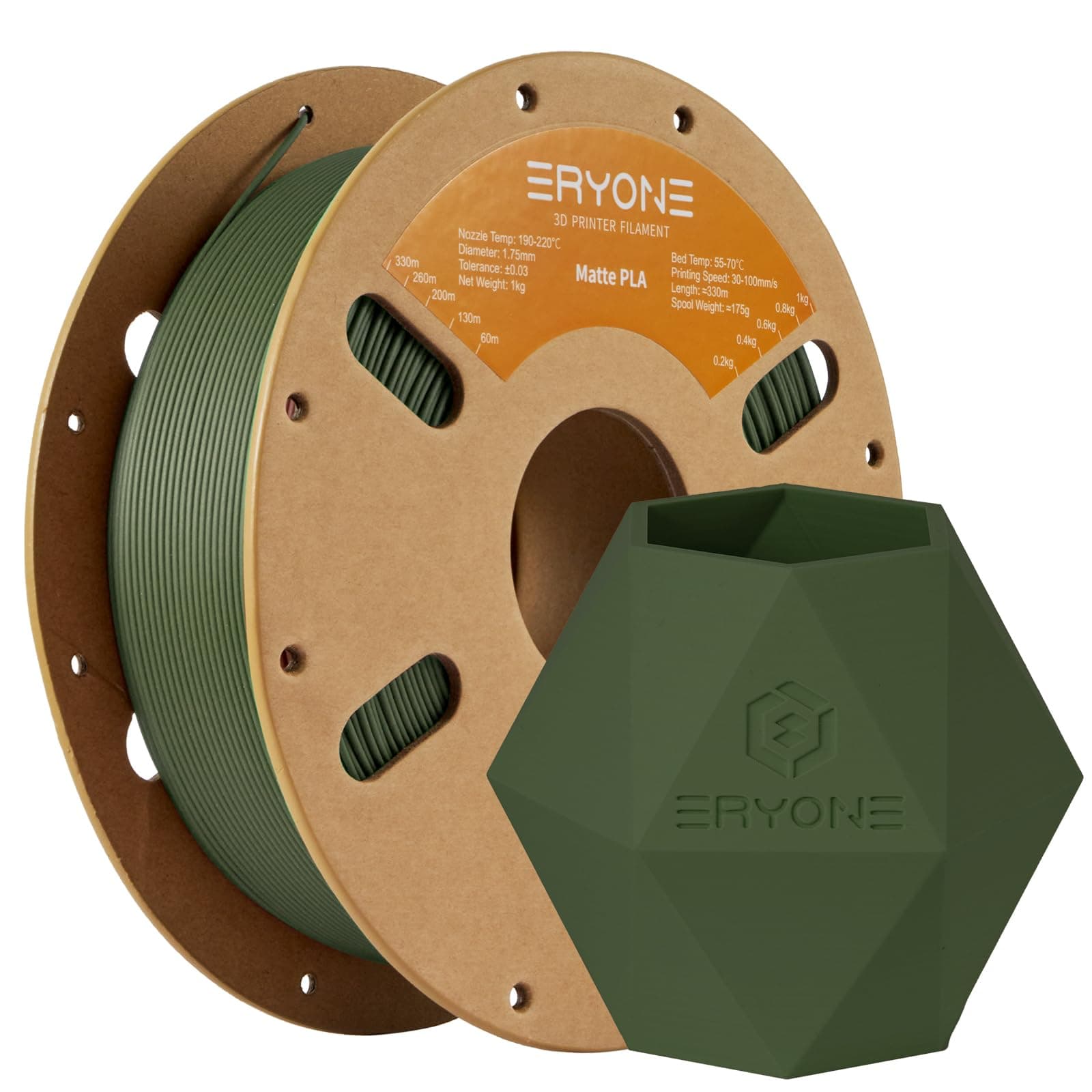 ERYONE Matte PLA Filament 1.75mm, 3D Printer PLA Matte Filament, +/-0.03mm, 1kg(2.2lbs)/Spool, Matte Olive Green