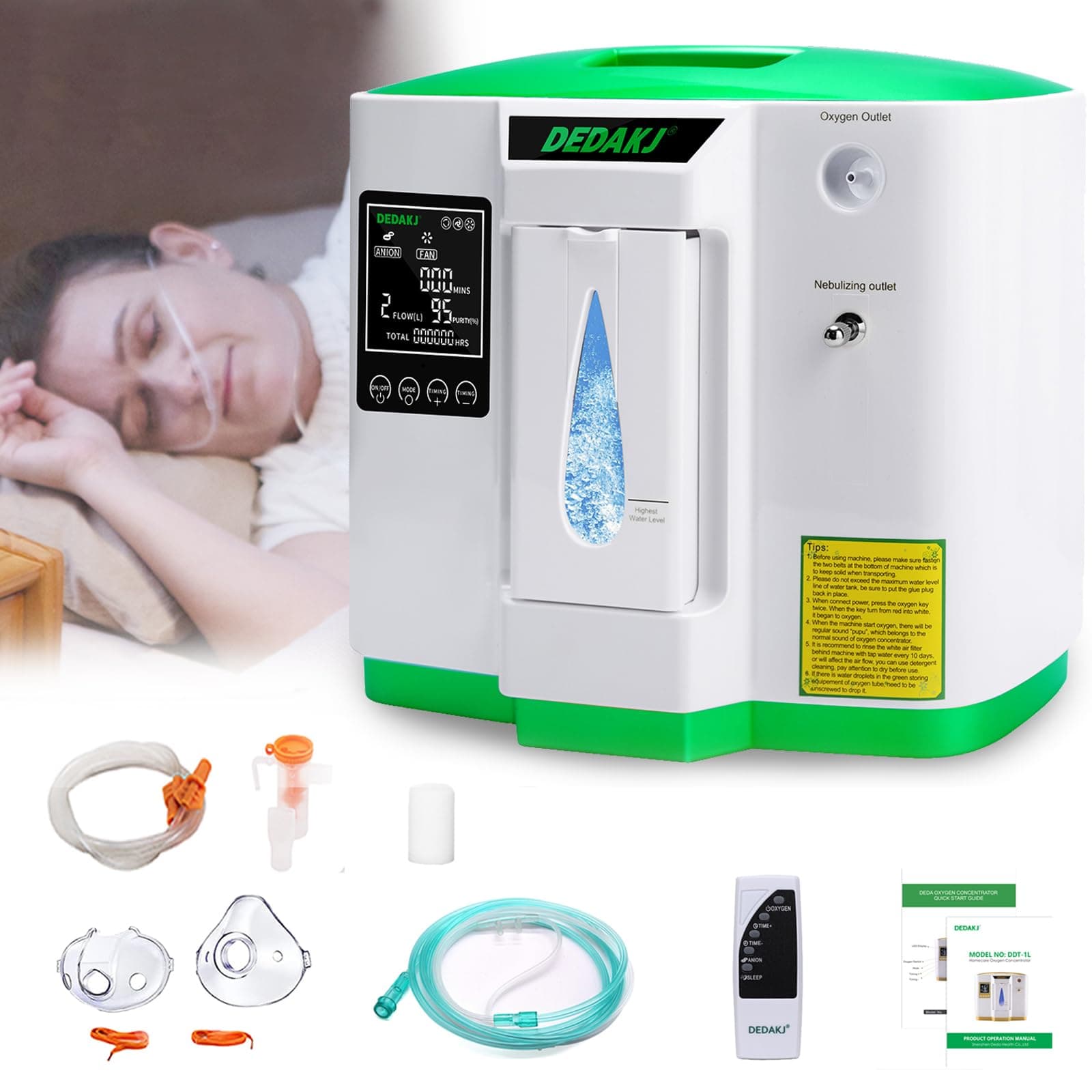 DEDAKJ Oxygen Machine 2-9L / min, 30%-90%, with Remote Control, Atomise, Accumulated Time Adjustment for Home and Travel（2AW）