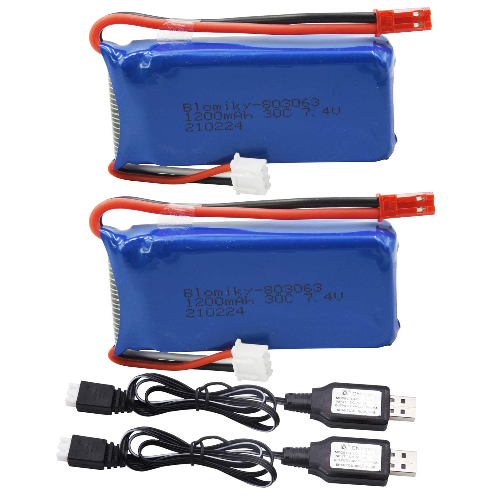Blomiky 2 Pack 7.4V 1200mAH Lipo Battery Pack with JST Plug and Charger Replacement for UDIRC UD1601 UD1602 Pro Fisca Cheewing 1/16 Scale 20MPH 30KM/H RC Truck / X6 Battery and USB 2