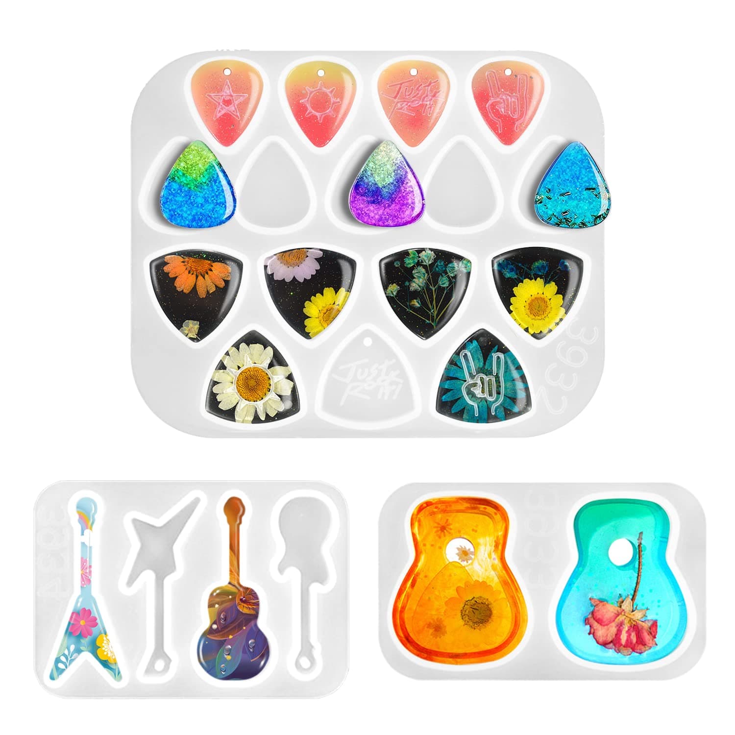 Resin Mold Silicone, CAYUDEN 3 Pack Guitar Pick Silicone Epoxy Resin Mold Creative Guitar Accessories Art Molds Pendant Epoxy Molds Non-Stick Casting Mould for Gem Art Keychain, Gift