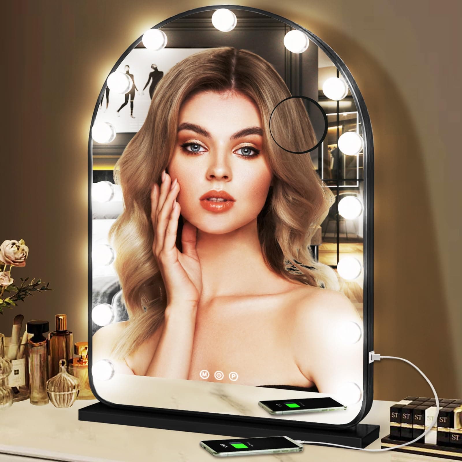 Hollywood Arch Makeup Mirror Black with Lights 15 Bulbs Dimmable 3 Colors Black Light Tabletop Wall Mirror Detachable Base 10 Magnifying Arc Mirror