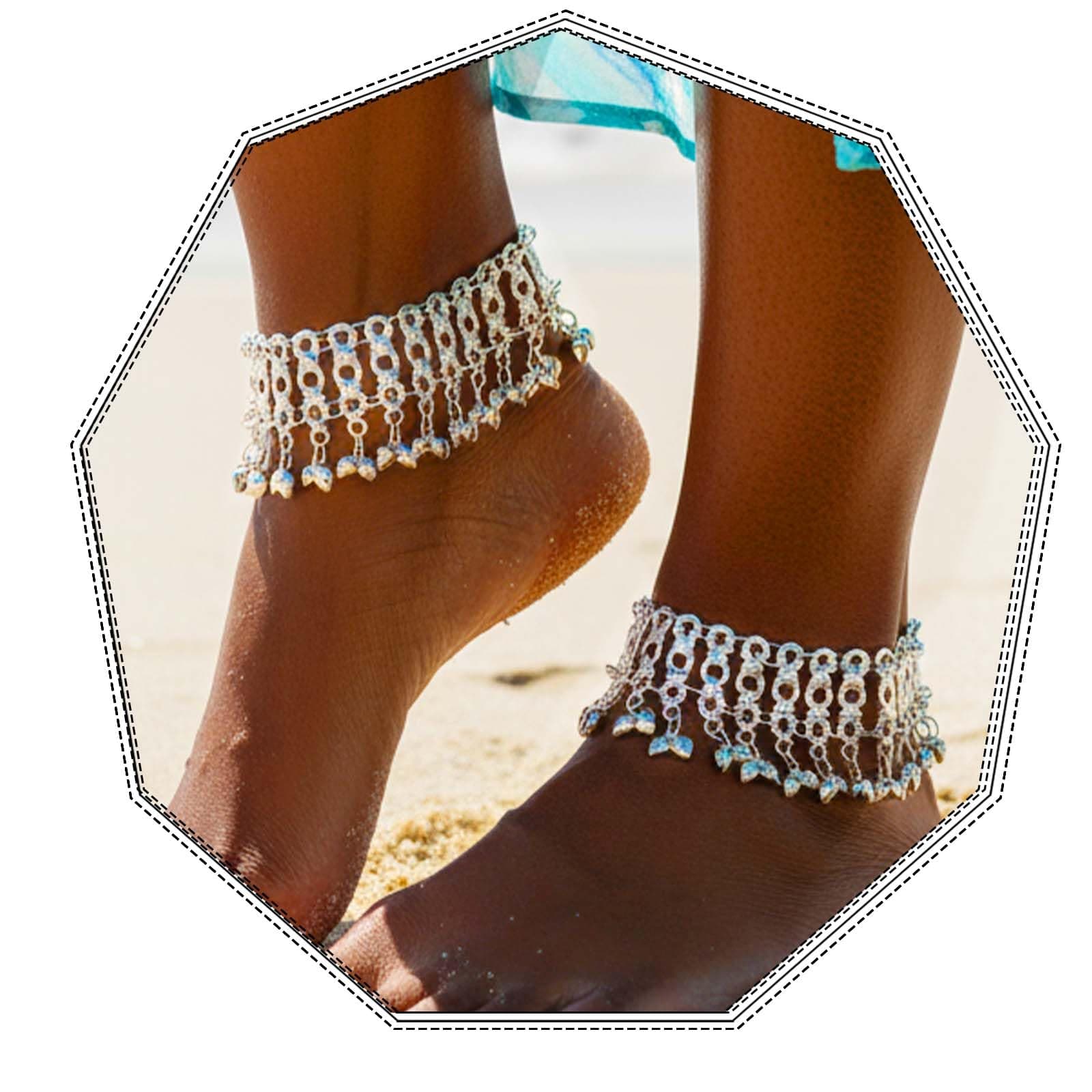 Boho Anklets Bracelets Silver Bell Beaded Indian Anklet Chain Tassel Beach Barefoot Sandals Foot Jewelry for Women and Teen Girls（2Pcs）