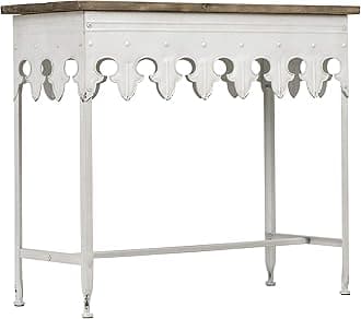 Creative Co-Op Rustic Farmhouse Metal Console Sofa Table with Solid Wood Top, White
