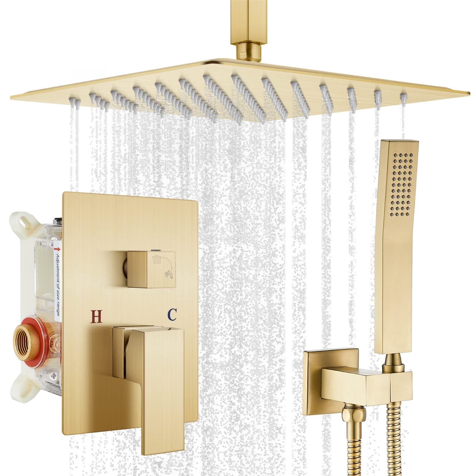 gotonovo Brushed Gold Ceiling Mount Rainfall Shower System with 12 inch Square Shower Head with Handheld shower and Pressure Balance Shower Valve Kit Luxury Rain Mixer Shower Combo Set Bathroom