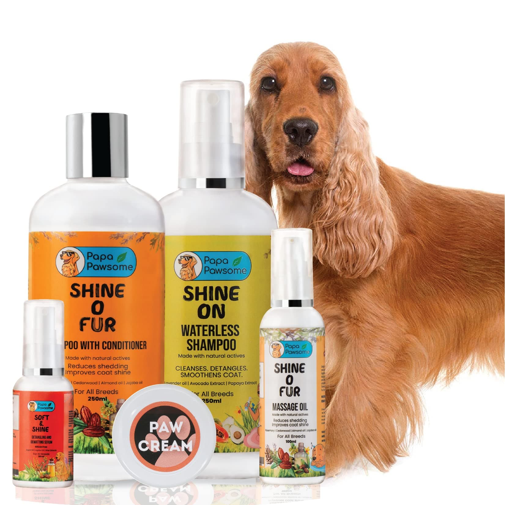 Papa Pawsome Long/Drop coat - Crocker Spanial - Complete Grooming Kit Shine O Fur Shampoo with conditioner 250ml + Shine On Waterless Shampoo 250ml + Shine O Fur massage oil 100ml + Soft and Shine Detangling Serum 50ml + Paw cream 25gm