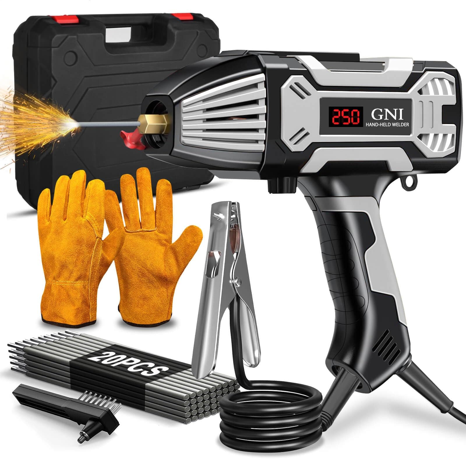 GNI 250A Welding Machine Handheld, Portable Welder Machine 110V with Toolbox, 20PCS Rods Stick Welder for 1/16"-1/8" Rod, IGBT Inverter LCD Digital Display Hand Held Welder with Arc Force Anti-stick