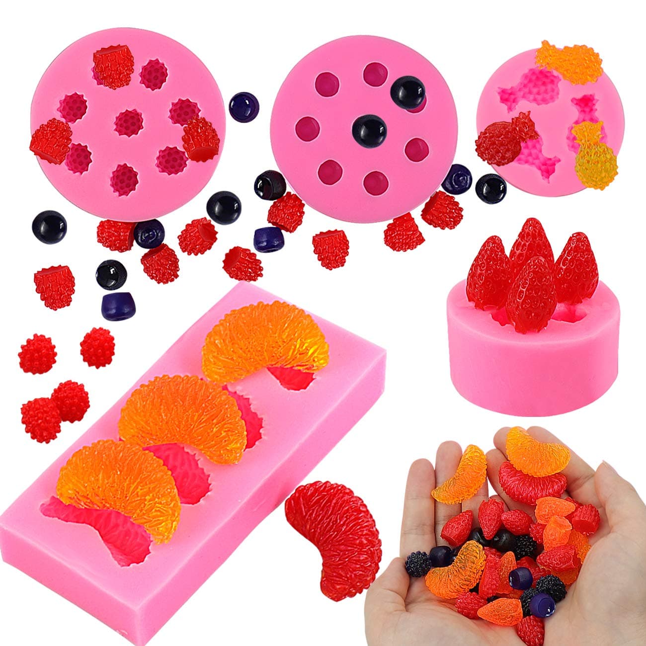 Juome 5Pcs Fruit Shaped Jelly Molds, 3D Mini Pineapple Strawberry Orange Blueberry Mulberry Candle Silicone Fruit Mold for Cupcake Decorating, Soap, Chocolate