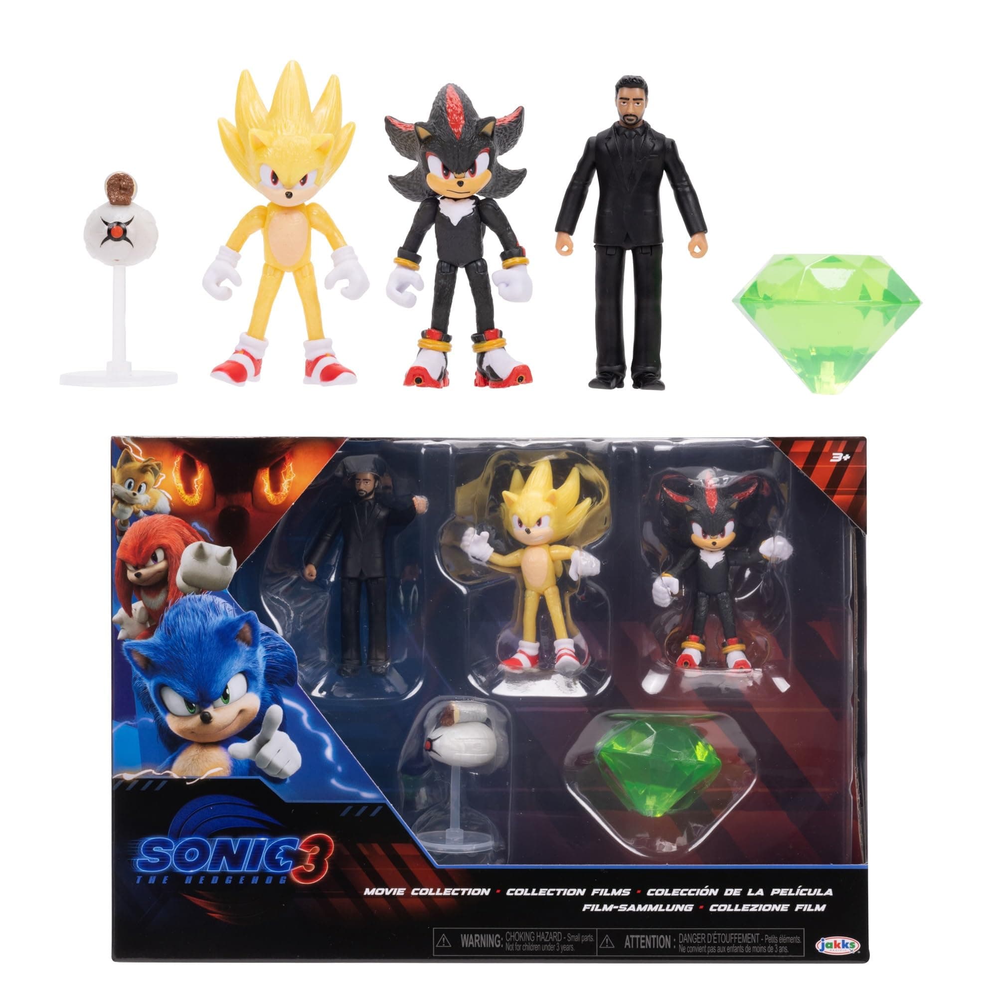 Sonic 3 Movie Multi-Pack 2.5" / 6cm Action Figures by Jakks Pacific, Official SEGA License, Wave 2 Pack Features Super Sonic, Shadow, & Agent Stone, Suggested for Ages 3+
