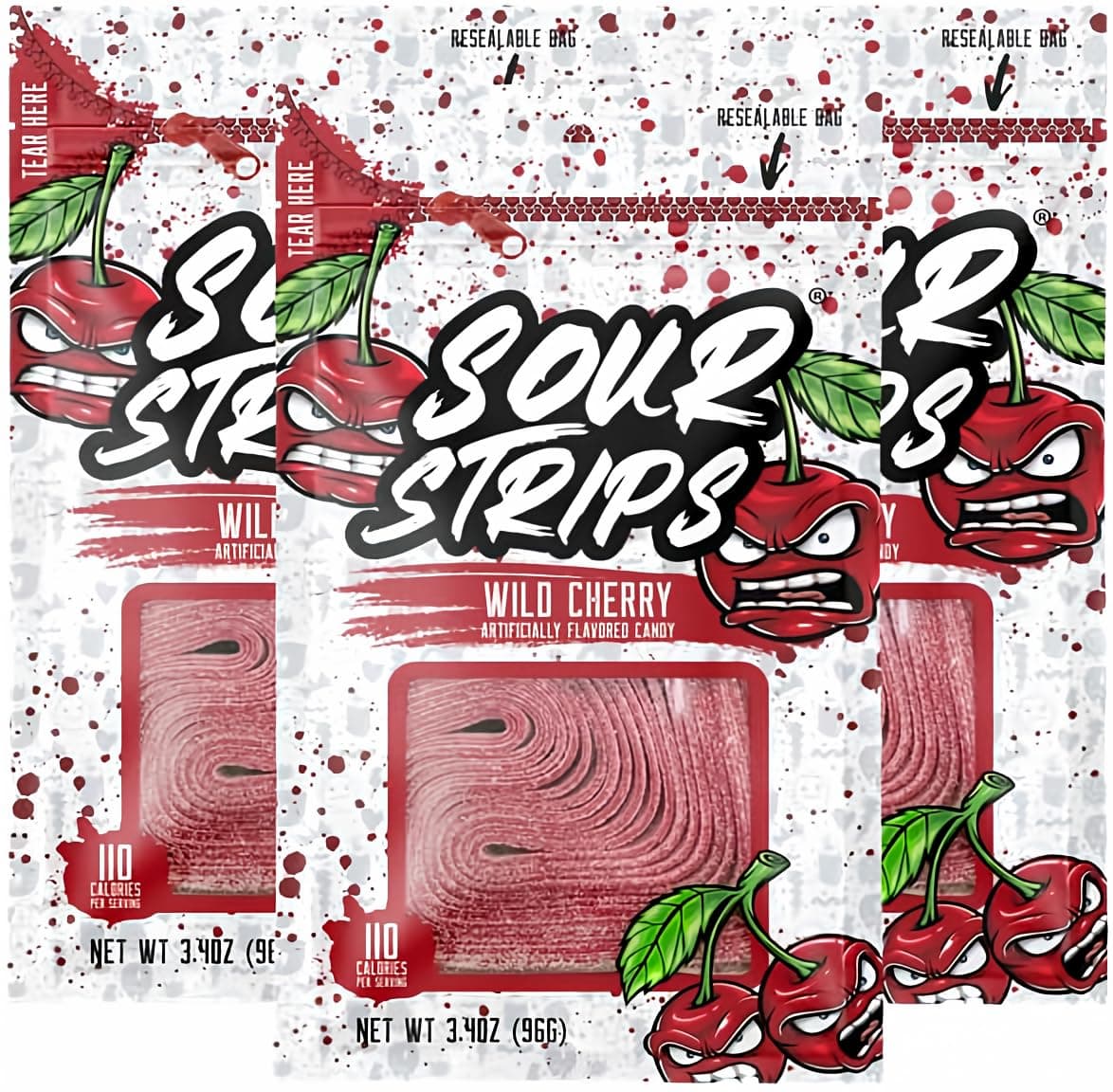 Sour Strips Sour Candy Belts, Wild Cherry, Resealable Candy Bags, 3.4 Ounce (Pack of 3)