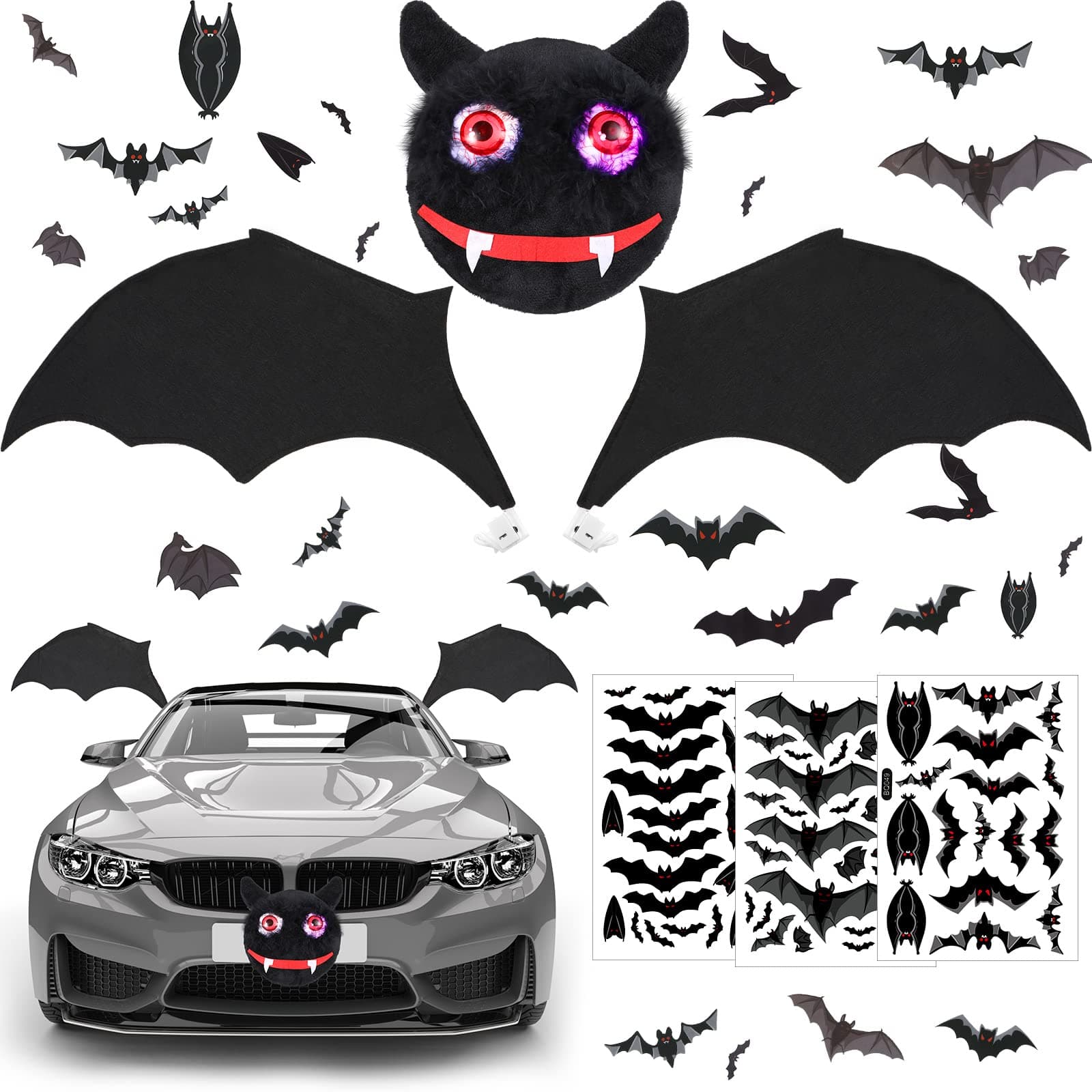 3 Pieces Halloween Car Bat Wings Decorations and 3 Sheets Black Bats Spiders Window Decals Stickers for Auto Halloween Party Decorations