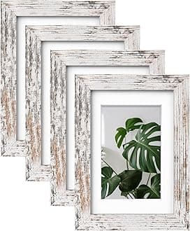 Egofine 4x6 Picture Frames Set of 4, Made of Solid Wood Covered by Plexiglass 3.5x5 with Mat or 4x6 without Mat, for Table Top Display and Wall Mounting Photo Frame Rustic White