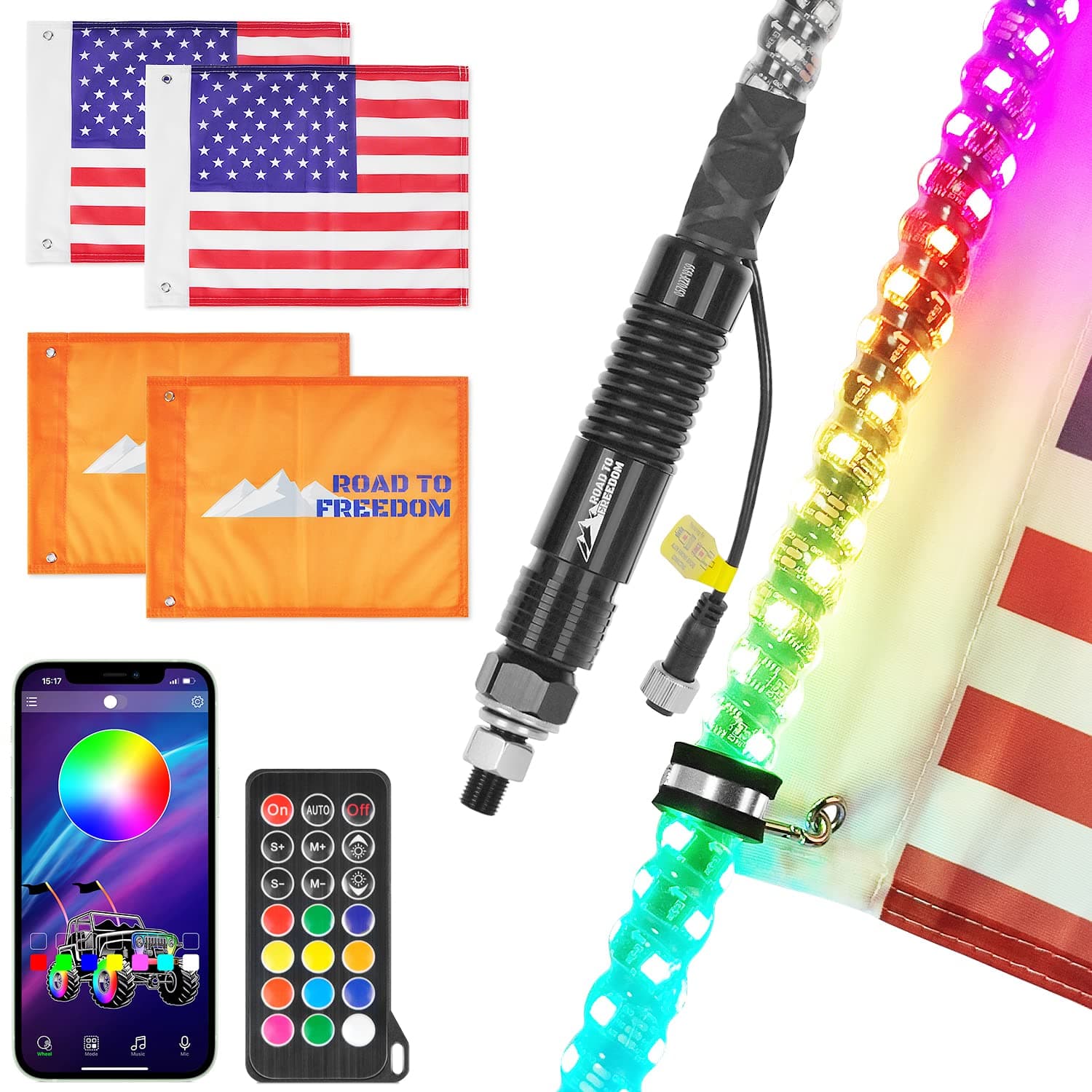 2PCS 4FT Whip Lights Highlight Spiral RGB with Spring,300 Flash Patterns,Bluetooth Remote Control,with Road to Freedom Flag for Can-Am ATV UTV RZR Dune Buggy Offroad Truck Accessories