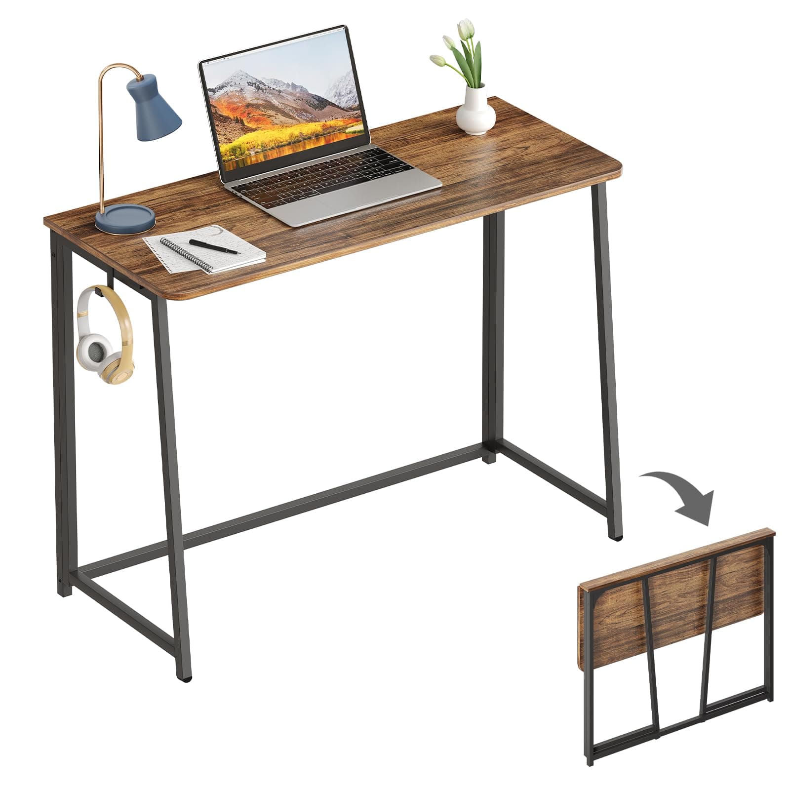 WOHOMO Folding Desk, Small Writing Desk 39.4", Space-Saving Foldable Laptop Table Writing Workstation for Home Office, Easy Assembly, Rustic Walnut