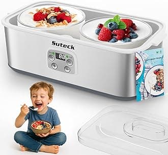 Suteck Yogurt Maker - Stainless Steel Yogurt Makers with Adjustable Time & Temp Control，Automatic Shut-Off & Constant Temper for Homemade Greek, Probiotic Yogurt, BPA-Free 2 Yogurt Bowls (2 Quart)