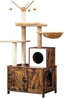HOOBRO Cat Tree with Litter Box Enclosure for Indoor, Wooden Cat Condo with Scratching Posts, Hidden Litter Box Furniture, All-in-One Cat House, Rustic Brown FG15MZ03