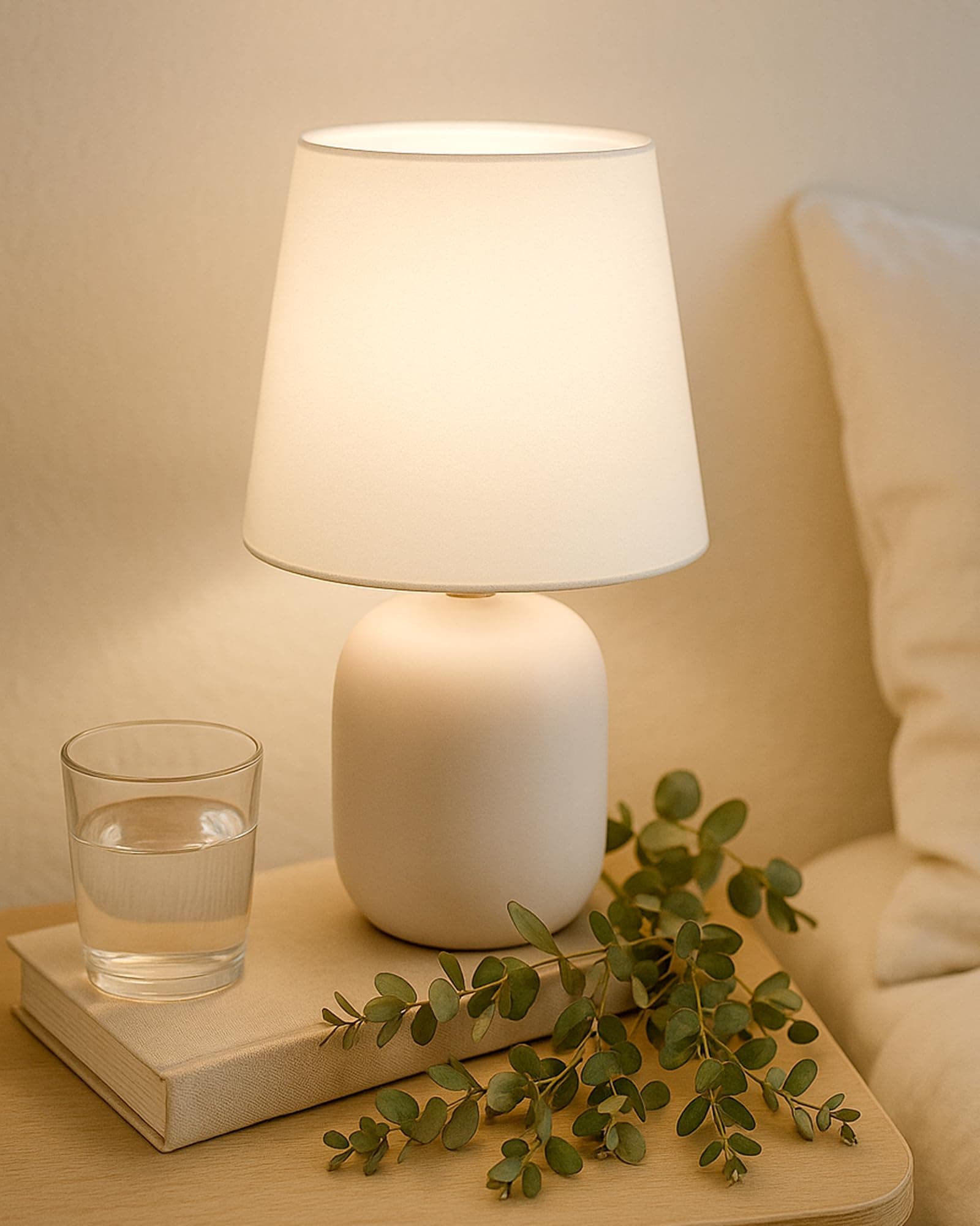 Homesake® Modern Small Ceramic Table Lamp, Classic Bedside Desk lamp for Living Room Bedroom, Farmhouse Nightstand Lamps with Pink Fabric Shade (Dovel White), LED