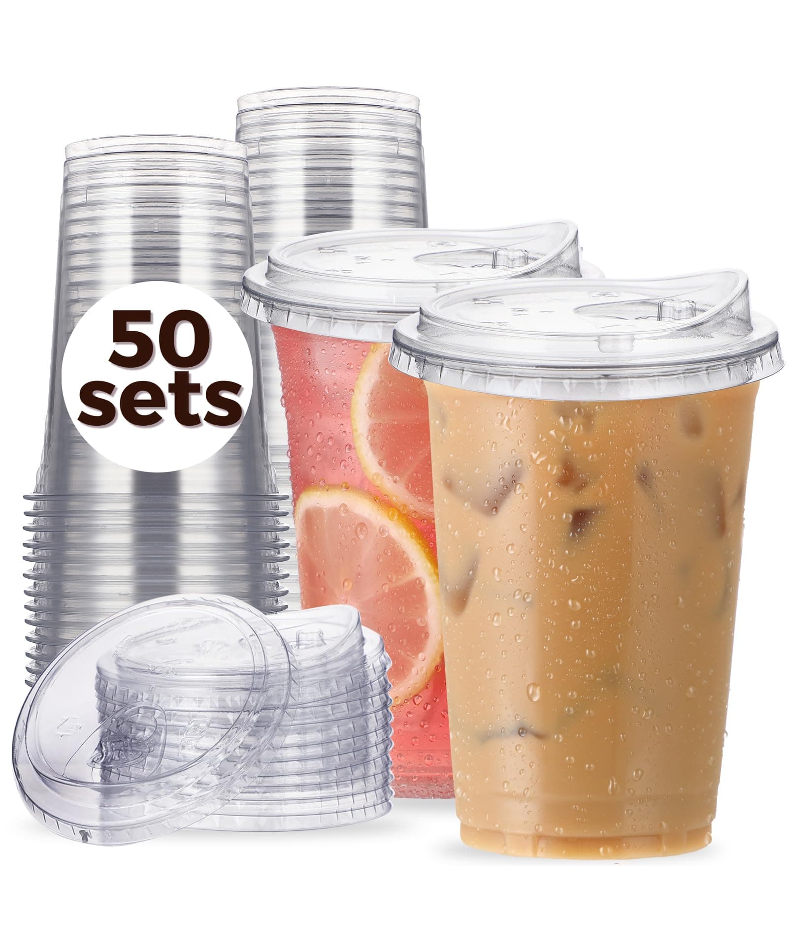 20 oz Clear Plastic Cups with Strawless-Sip-Lids, 50 Sets Disposable Cups Plastic Iced Coffee Cups, To Go Cups with Sip Through Lids for Smoothie, Milkshake, Cold Drinks for Party, Wedding, Event