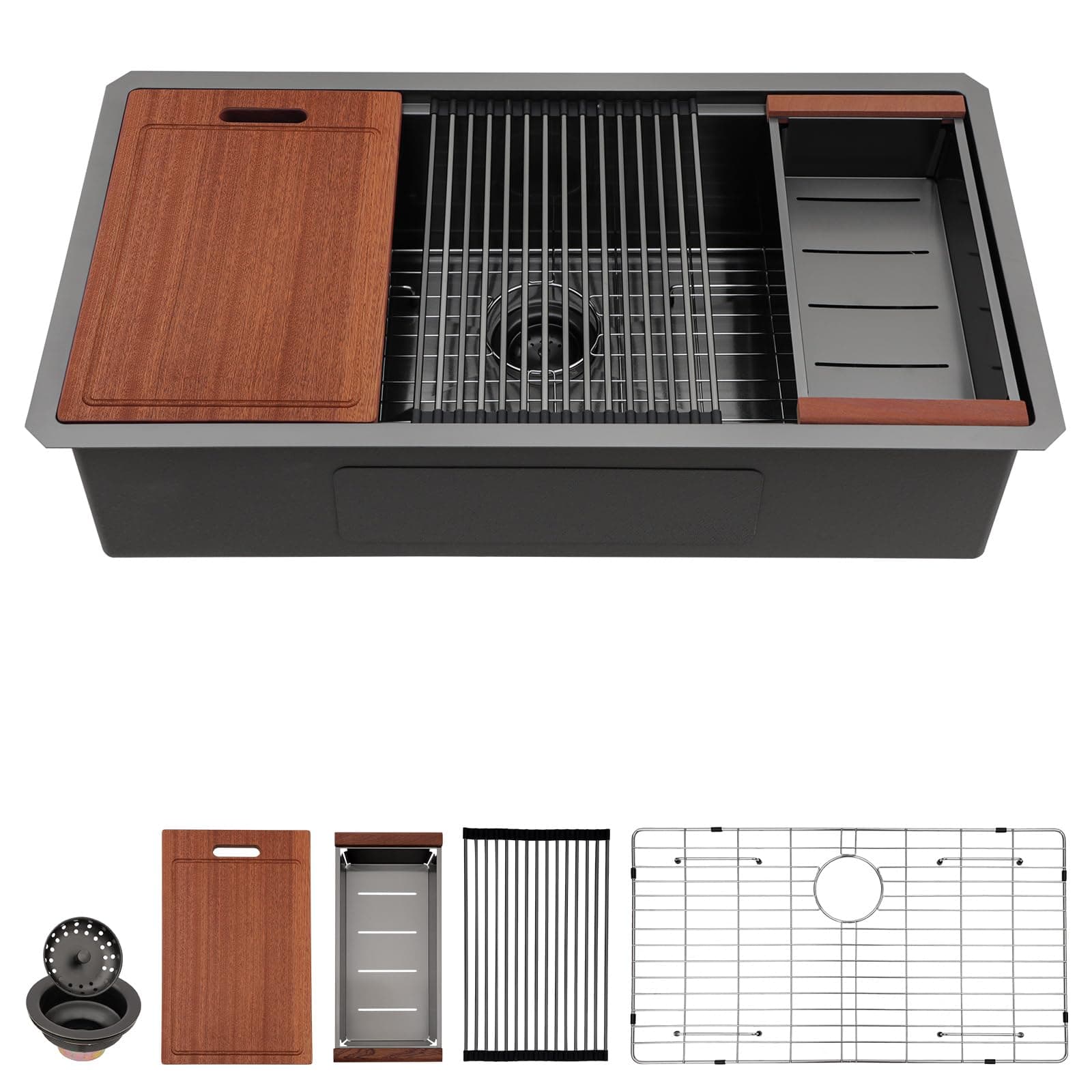 Sarlai 36 Black Undermount Kitchen Sink Workstation - 36x19 Inch Kitchen Sinks with Ledge NANO-Tech Gumental Black Sink Round Corner 16 Gauge Stainless Steel Single Bowl Sink Basin