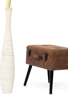 Large White Wash Home Decor Floor Vase – Wooden 34 inches Tall Farmhouse Decor Flower Holder for Fake Plant and Pampas Grass