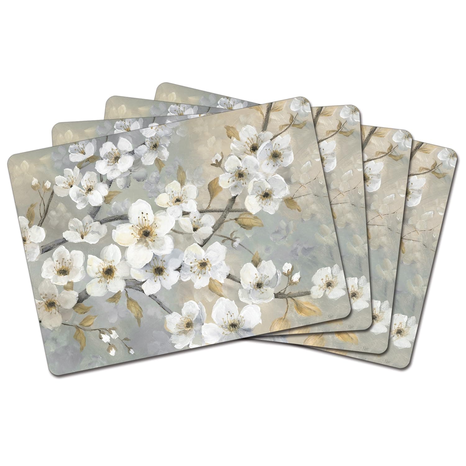Cala Home White Blossoms Premium Decorative Hardboard Tabletop Placemats 4 Pack Manufactured in The USA Artistic Easily Wipes Clean
