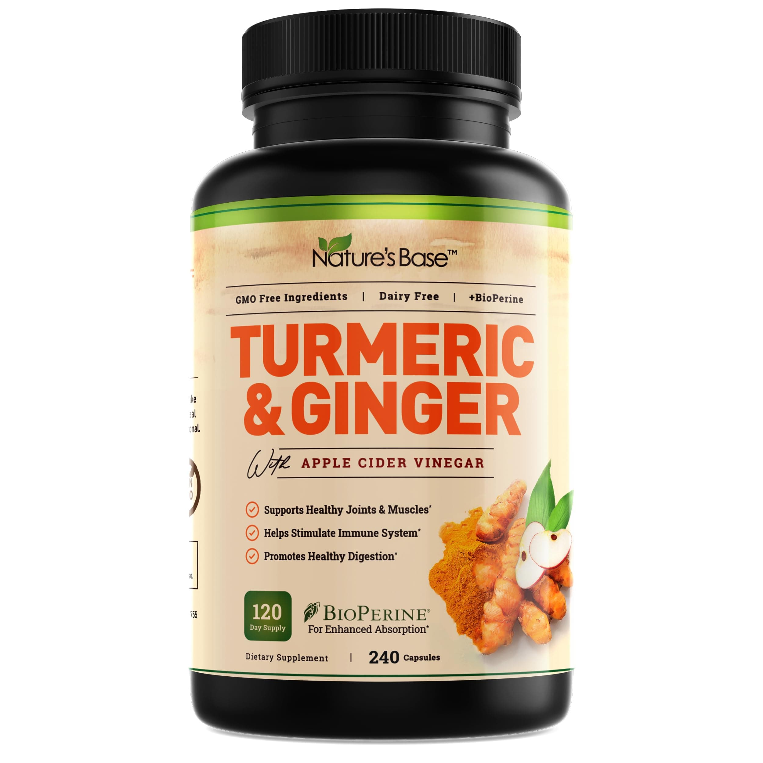 Nature's Base Turmeric and Ginger Supplement - with Curcumin, Apple Cider Vinegar & BioPerine Black Pepper Extract - 95% Curcuminoids - 240 Capsules