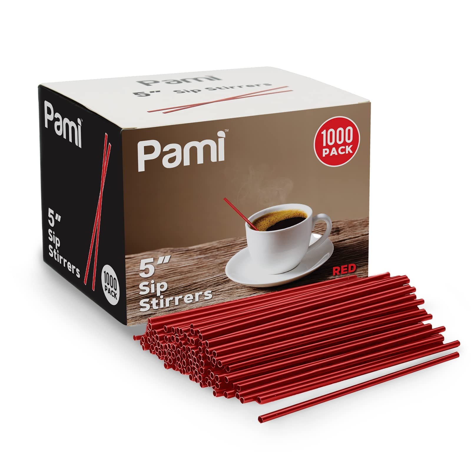 PAMI Disposable 5in Plastic Sip Stirrers/Straws, Value Pack of 1000 Stirring Sticks for Hot & Cold Drinks, Cocktail & Coffee Bar Stir Straws (Red One Size)